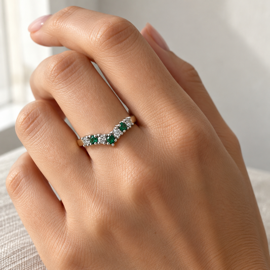 9ct Gold Emerald & Cubic Zirconia Wishbone Ring