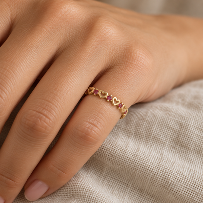 9ct Gold & Ruby Heart Band Ring