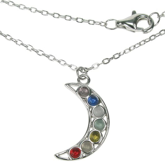 New 925 Silver & Gemstone Chakra Crescent Moon Pendant on an 18" fine pendant chain