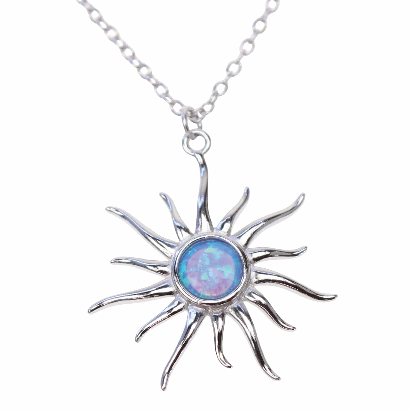 925 Silver &amp; Blue Sea Opal Small Sun 18" Necklace