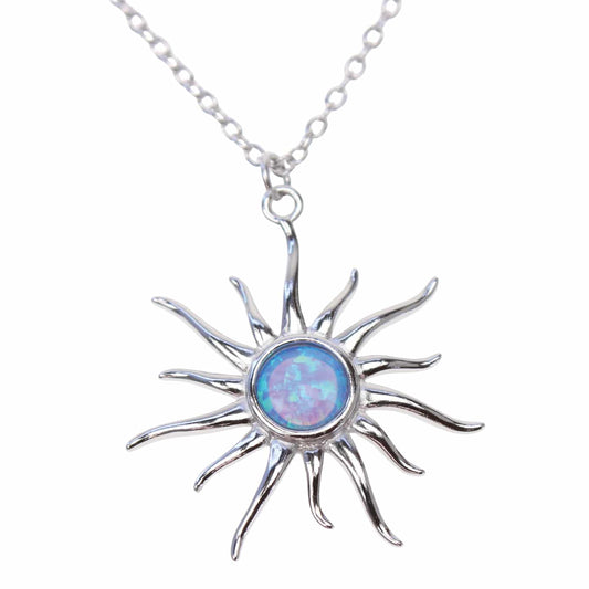 925 Silver &amp; Blue Sea Opal Small Sun 18" Necklace