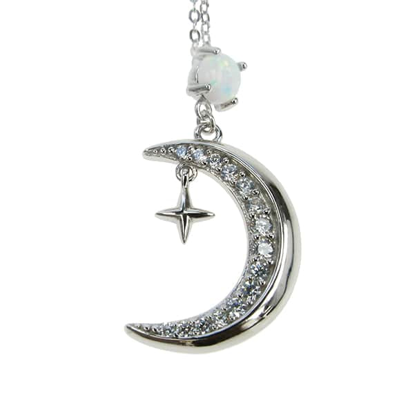 925 Silver Snow Opal & Cubic Zirconia Crescent Moon 18" Necklace