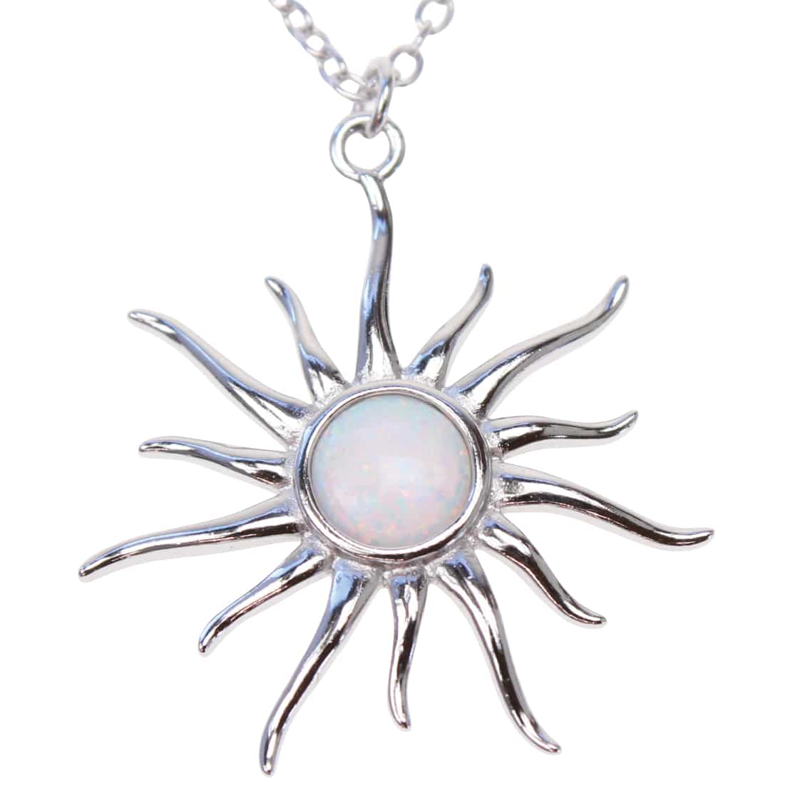 925 Silver &amp; Snow Opal Small Sun 18" Necklace