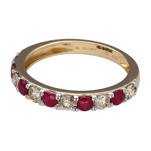 Bring bold elegance and vibrant sparkle to your jewellery collection with this new 9ct yellow gold diamond and ruby band ring—a classic piece with striking colour and refined brilliance.

Design: The 3mm wide front of the band features alternating ruby and diamond accents, with approximately 0.50ct of total diamond content for a luxurious, eye-catching finish.
