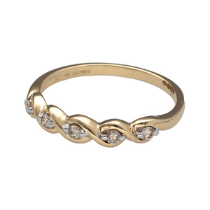 Bring unique texture and subtle sparkle to your jewellery collection with this new 9ct yellow gold diamond weave band ring—a stylish piece with intricate detail and timeless appeal.

Design: The 4mm wide front of the band features a woven design accented by five small diamonds, totalling approximately 0.15ct, for a delicate touch of brilliance.
Material: Made from 9-carat yellow gold, the polished finish enhances the texture of the weave and the gentle sparkle of the diamonds.
