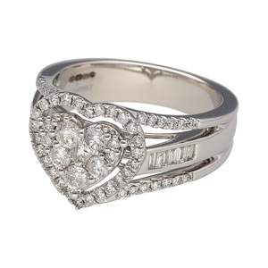 Bring bold sparkle and romantic elegance to your jewellery collection with this pre-owned 9ct white gold diamond heart cluster ring—a statement piece with eye-catching brilliance and timeless charm.

Design: The 13mm high front features a cluster of brilliant-cut diamonds forming a heart shape, with additional brilliant and baguette-cut diamonds set along the shoulders for added dimension and shine.
