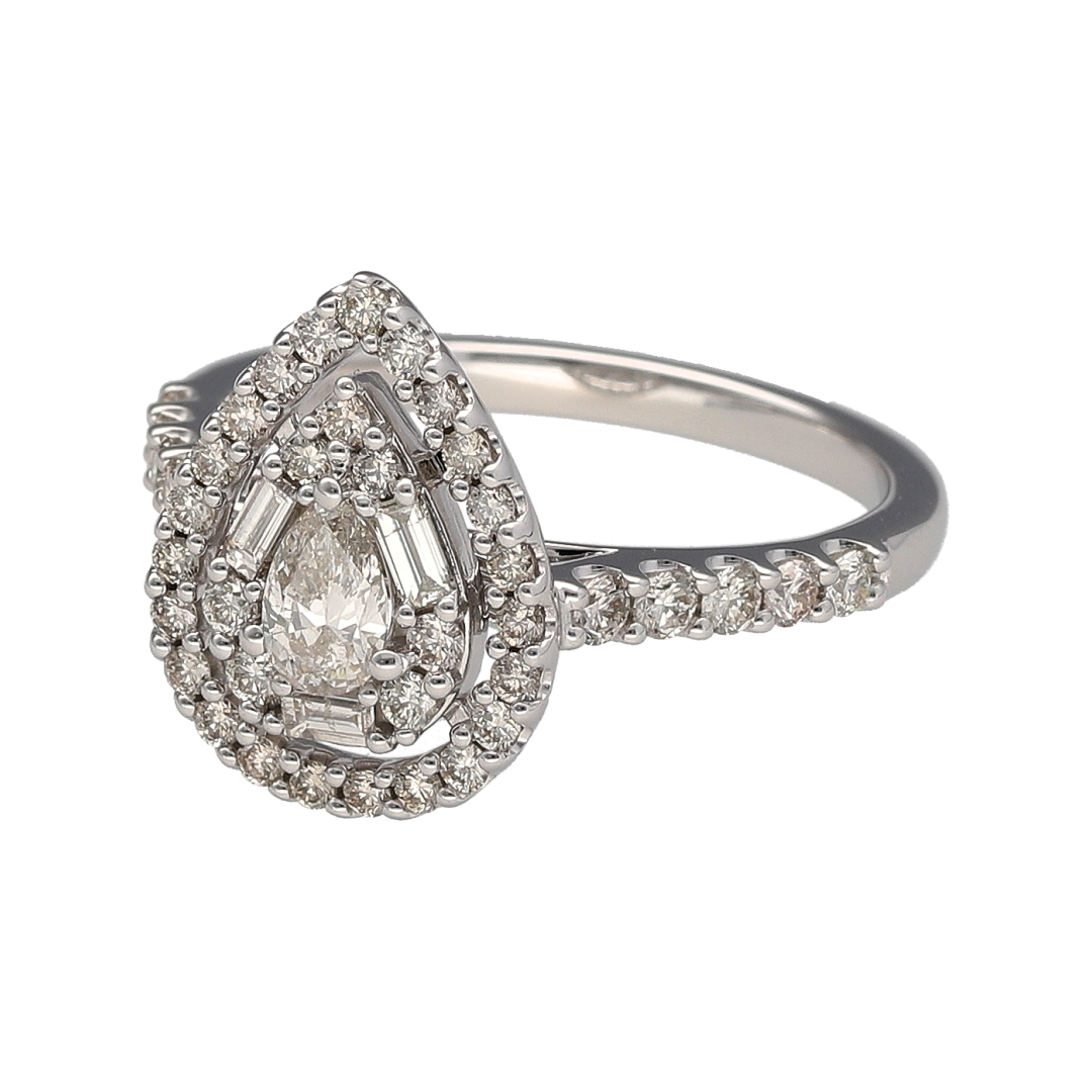Bring striking sparkle and graceful design to your jewellery collection with this new 9ct white gold diamond teardrop cluster ring—a luxurious piece with elegant curves and radiant brilliance.

Design: The 14mm high front features a central teardrop-shaped diamond surrounded by a halo of brilliant and baguette-cut diamonds, forming a bold teardrop silhouette, with additional brilliant-cut diamonds set on the shoulders. The total diamond weight is approximately 1ct.
