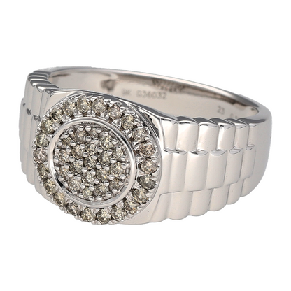 Bring bold style and distinctive sparkle to your jewellery collection with this pre-owned 9ct white gold diamond watch strap style ring—a statement piece with strong design and refined brilliance.

Design: The 13mm high front features a watch strap-inspired pattern, set with diamonds totalling approximately 0.53ct for a unique and structured look.
Material: Made from 9-carat white gold, the polished finish provides a cool-toned, modern setting that enhances the sparkle of the diamonds.
