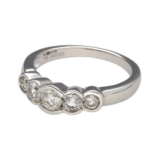 Bring bold brilliance and contemporary charm to your jewellery collection with this new 9ct white gold diamond five stone bubble set ring—a standout piece with generous sparkle and modern design.

Design: Featuring five diamonds in a stylish bubble setting, this ring holds approximately 0.90ct of total diamond weight, offering a bright and balanced display of brilliance.
Material: Made from 9-carat white gold, the polished finish adds a cool, elegant backdrop that enhances the sparkle of each stone.

