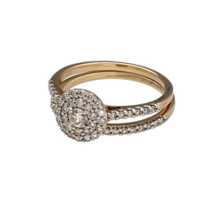 Bring radiant sparkle and timeless elegance to your jewellery collection with this new 9ct yellow gold diamond double halo engagement and wedding ring set—a beautifully matched duo with brilliant detail and lasting significance.

Design: The 10mm high engagement ring features a central brilliant-cut diamond surrounded by two rows of halo diamonds, with additional diamonds set along the shoulders. Paired with a coordinating 1.5mm wide diamond-set wedding band