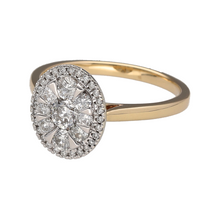 Load image into Gallery viewer, Bring refined sparkle and luxurious elegance to your collection with this new 9ct yellow gold and diamond set oval halo cluster ring, offering a stunning blend of classic sophistication and statement-making brilliance—perfect for marking special moments.

Design: The ring features an arrangement of brilliant cut diamonds creating a striking oval-shaped cluster, beautifully surrounded by a halo of small brilliant cut diamonds, all set in white gold to maximise their sparkle.
