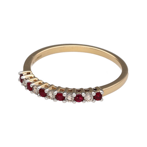 Bring rich colour and refined sparkle to your collection with this new 9ct yellow gold diamond and ruby set band ring, offering a stunning blend of classic elegance and vibrant detail—perfect for adding a luxurious touch to any look.

Design: The band features alternating rubies and diamonds, with approximately 0.12ct of total diamond content, creating a graceful and eye-catching pattern that combines vivid colour with brilliant sparkle.
