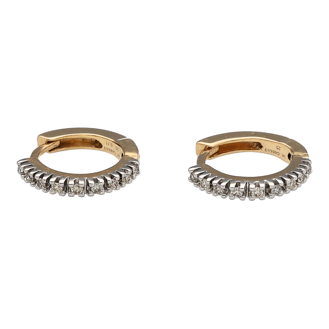 Bring refined sparkle and timeless elegance to your collection with these new 9ct yellow gold and diamond set small hoop earrings, offering a beautiful blend of classic sophistication and delicate brilliance—perfect for everyday luxury.

Design: Each earring features a sleek small hoop design accented with shimmering diamonds, with approximately 0.11ct of total diamond content, creating a subtle yet eye-catching sparkle.

