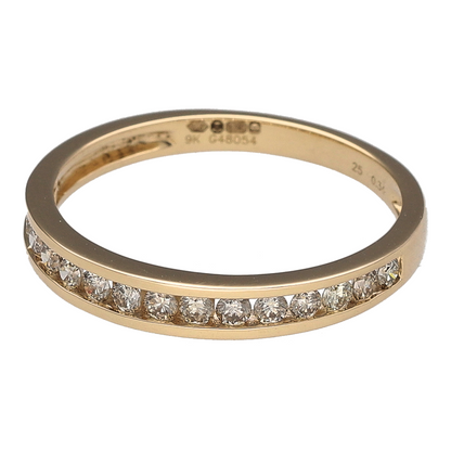 Bring refined sparkle and golden elegance to your collection with this new 9ct yellow gold diamond band ring—a timeless design with subtle brilliance.

Design: The ring features a 3mm wide band set with approximately 0.34ct of diamonds along the front, offering understated sparkle and sophistication.
Material: Made from 9-carat yellow gold, the polished finish complements the brilliance of the diamonds and adds classic appeal.
 