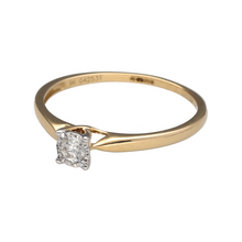 Load image into Gallery viewer, New 9ct Yellow Gold &amp; Diamond Set Solitaire Ring in size N to O with white gold tipped claws. The ring contains a real natural diamond which is 0.13ct but looks like 0.25ct due to the white gold setting. The diamond is approximate clarity Si and colour G - H
