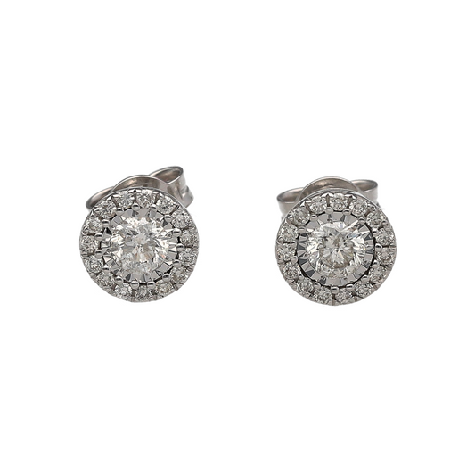 New 9ct White Gold & Diamond Halo Set Stud Earrings. The earrings contain real natural diamonds which are 0.75ct in the total set of earrings. The diamonds are each approximate clarity Si2 - i1 and colour I - K