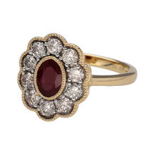 Load image into Gallery viewer, New 9ct Yellow and White Gold Diamond &amp; Ruby Set Cluster Ring in size N with a beaded edge detail. The front of the ring is 16mm high and the ruby stone is approximately 6.5mm by 4.5mm. There is approximately 0.86ct of real natural diamonds set in the cluster in total
