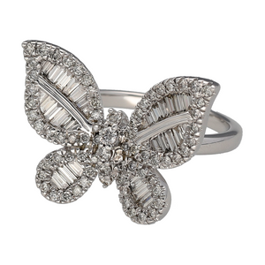 New 9ct White Gold & Diamond Set Butterfly Cluster Ring in size M to N made up of baguette and brilliant cut diamonds. The front of the ring is 17mm high and there is 0.94ct of diamond content set in total. The diamonds are approximate clarity Si - i1 and colour M - N