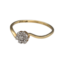 Load image into Gallery viewer, New 9ct Yellow and White Gold &amp; Diamond Set Flower Twist Cluster Ring in size P to Q with the weight 1 gram. The front of the ring is 6mm high and there is approximately 0.15ct of diamond content set in total
