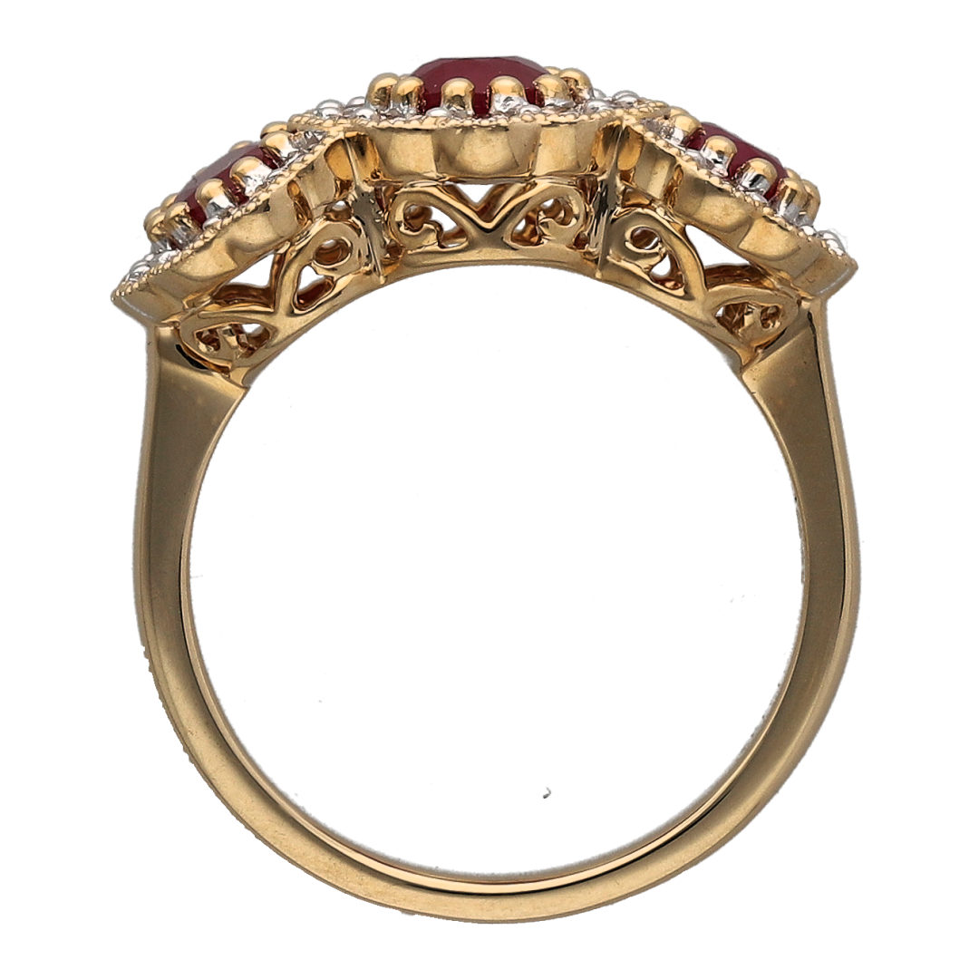 New 9ct Gold 0.85ct Diamond & Ruby Set Trilogy Cluster Ring