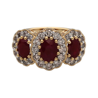 New 9ct Gold 0.85ct Diamond & Ruby Set Trilogy Cluster Ring