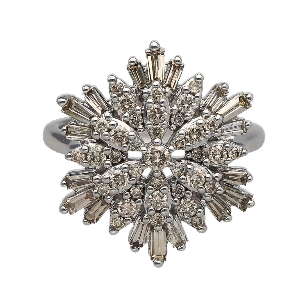New 9ct White Gold & 1.03ct Diamond Set Snowflake Cluster Ring