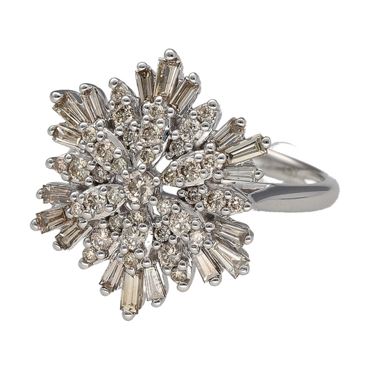 New 9ct White Gold & Diamond Set Snowflake Cluster Ring in size N with the weight 5.50 grams. The front of the ring is 2cm long and there is approximately 1.03ct of diamond content in total