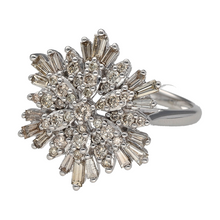 Load image into Gallery viewer, New 9ct White Gold &amp; Diamond Set Snowflake Cluster Ring in size N with the weight 5.50 grams. The front of the ring is 2cm long and there is approximately 1.03ct of diamond content in total
