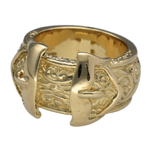 Load image into Gallery viewer, New 9ct Solid Yellow Gold Double Buckle Ring in size Z with the weight 39.10 grams. The front of the buckle is 19mm wide and tapers down to 12mm at the back
