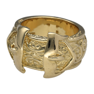 New 9ct Solid Yellow Gold Double Buckle Ring in size Z with the weight 39.10 grams. The front of the buckle is 19mm wide and tapers down to 12mm at the back