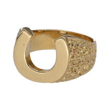 Load image into Gallery viewer, New 9ct Solid Yellow Gold Horseshoe Ring in size Z with the weight 19.80 grams. The front of the ring is 17mm high
