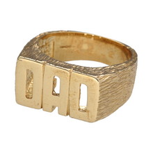 Load image into Gallery viewer, Bring bold sentiment and timeless style to your collection with this new 9ct gold Dad ring—a classic design that celebrates fatherhood with strong lines and lasting presence.

Design: The ring features a 12mm high front with the word &quot;DAD&quot; proudly displayed in bold, raised lettering, set within a polished frame for a clean and impactful look.
Material: Made from solid 9-carat gold, the high-shine finish enhances the lettering and gives the piece a warm, luxurious glow.

