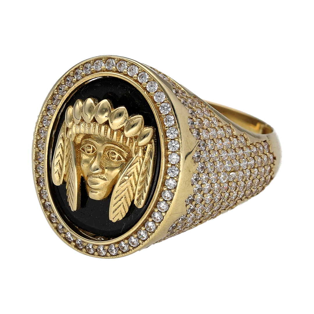 Bring bold symbolism and detailed craftsmanship to your collection with this new 9ct gold oval signet ring—featuring a Native American face motif backed by black stone and accented with sparkling cubic zirconia.

Design: The ring showcases a 20mm high oval front with a detailed Native American face set against a deep black stone background, framed by a halo of glittering cubic zirconia for added impact and contrast.
