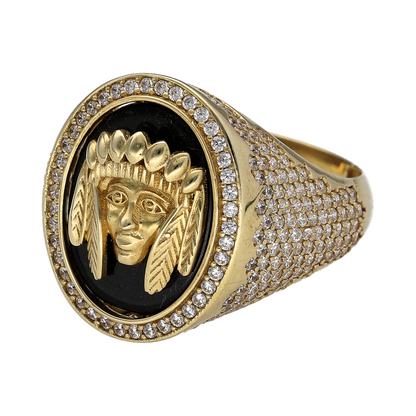 Bring bold symbolism and detailed craftsmanship to your collection with this new 9ct gold oval signet ring—featuring a Native American face motif backed by black stone and accented with sparkling cubic zirconia.

Design: The ring showcases a 20mm high oval front with a detailed Native American face set against a deep black stone background, framed by a halo of glittering cubic zirconia for added impact and contrast.
