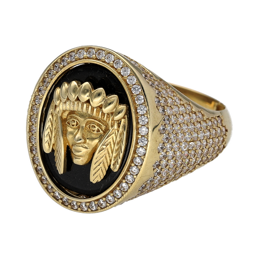 Bring bold symbolism and detailed craftsmanship to your collection with this new 9ct gold oval signet ring—featuring a Native American face motif backed by black stone and accented with sparkling cubic zirconia.

Design: The ring showcases a 20mm high oval front with a detailed Native American face set against a deep black stone background, framed by a halo of glittering cubic zirconia for added impact and contrast.
