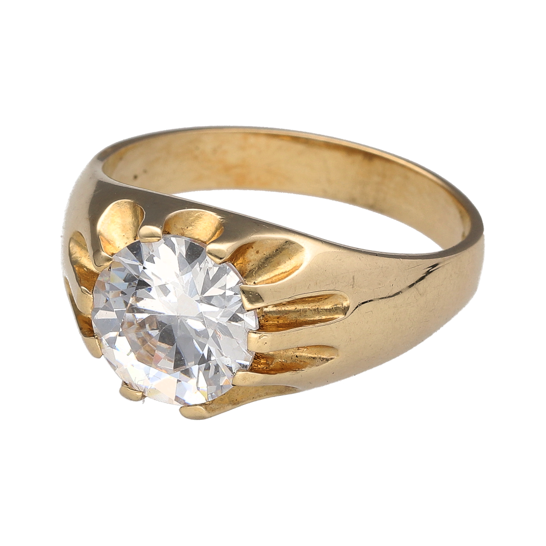 Bring bold brilliance and classic design to your collection with this new 9ct yellow gold and cubic zirconia set signet ring—a striking piece that blends traditional form with radiant sparkle.

Design: The ring features a bold 10mm diameter round cubic zirconia stone set into a classic signet-style front, offering a clean, polished look with standout shine.
Material: Made from 9-carat yellow gold, the smooth, high-shine finish enhances the brilliance of the stone and gives the piece a rich, timeless glow.
