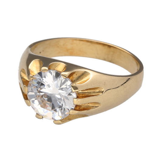 Bring bold brilliance and classic design to your collection with this new 9ct yellow gold and cubic zirconia set signet ring—a striking piece that blends traditional form with radiant sparkle.

Design: The ring features a bold 10mm diameter round cubic zirconia stone set into a classic signet-style front, offering a clean, polished look with standout shine.
Material: Made from 9-carat yellow gold, the smooth, high-shine finish enhances the brilliance of the stone and gives the piece a rich, timeless glow.
