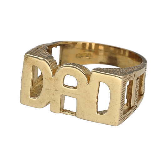 Bring proud sentiment and classic style to your collection with this new 9ct yellow gold Dad ring—a bold design that honours fatherhood with timeless appeal.

Design: The ring features a 10mm high front with the word "DAD" in raised lettering, framed by clean lines for a strong and traditional look.
Material: Made from solid 9-carat yellow gold, the polished finish enhances the bold lettering and gives the ring a warm, enduring shine.
