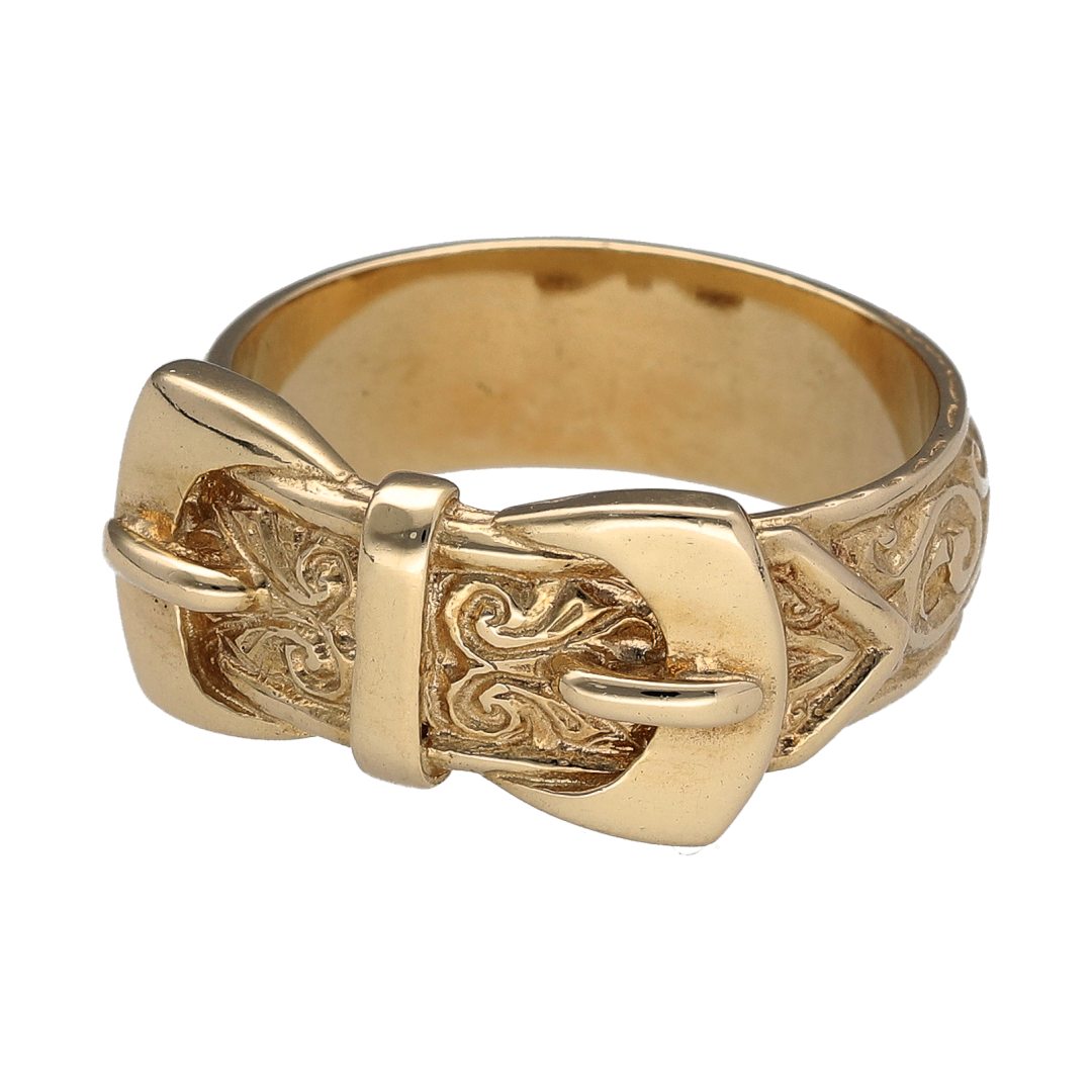 Bring symbolic strength and detailed craftsmanship to your collection with this new 9ct yellow gold patterned double buckle ring—a bold and meaningful design with classic character and vintage appeal.

Design: The ring features two interlocking buckle motifs at the front, measuring 11mm in height, enhanced with engraved detailing that adds depth and texture to the design.
