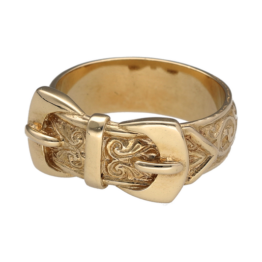 Bring symbolic strength and detailed craftsmanship to your collection with this new 9ct yellow gold patterned double buckle ring—a bold and meaningful design with classic character and vintage appeal.

Design: The ring features two interlocking buckle motifs at the front, measuring 11mm in height, enhanced with engraved detailing that adds depth and texture to the design.
