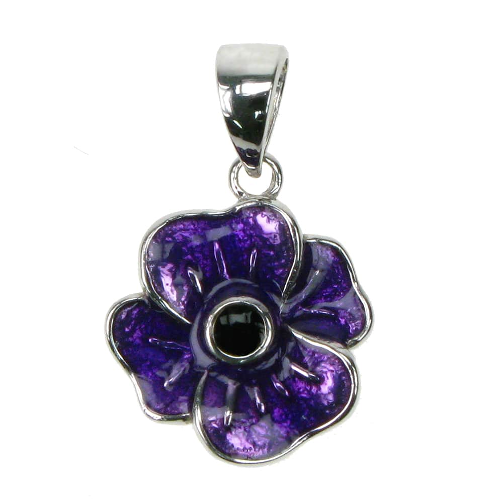 New 925 Silver Purple Enamel Poppy Flower Pendant on an 18