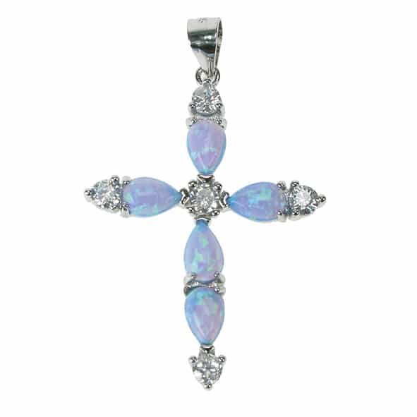 New 925 Silver Sky Opal &amp; Cubic Zirconia Set Cross Pendant on an 18" fine pendant chain