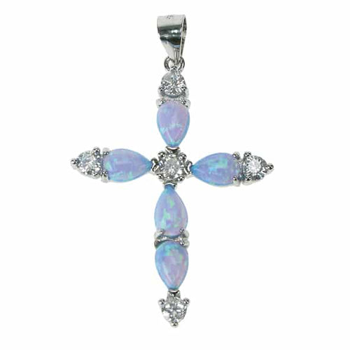 New 925 Silver Sky Opal & Cubic Zirconia Set Cross Pendant on an 18