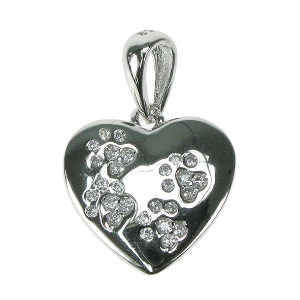 925 Silver & Cubic Zirconia Heart Paw Print 18" Necklace