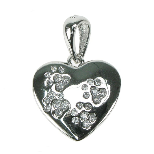 925 Silver & Cubic Zirconia Heart Paw Print 18" Necklace