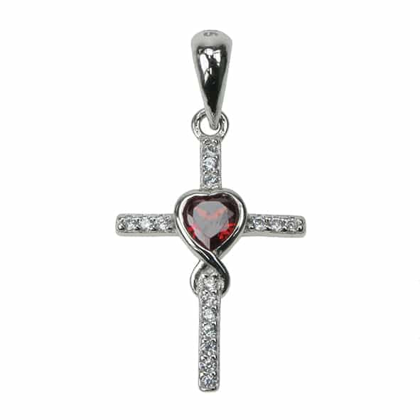 925 Silver Garnet &amp; Cubic Zirconia Set Heart Stone Cross Necklace