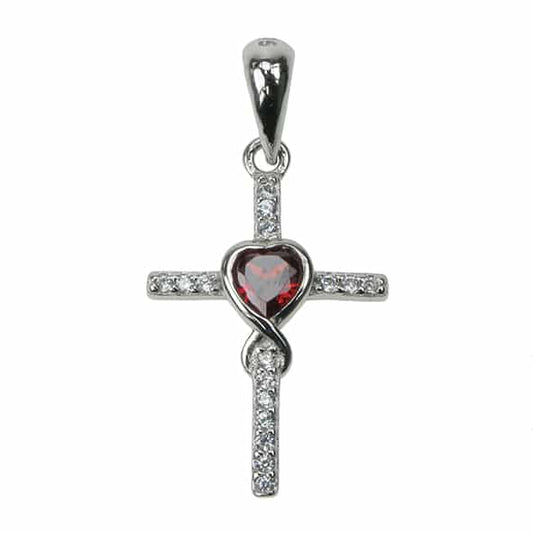 925 Silver Garnet &amp; Cubic Zirconia Set Heart Stone Cross Necklace