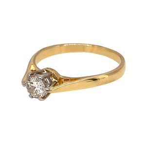 Preowned 18ct Yellow and White Gold & Diamond Set Solitaire Ring in size M with the weight 2.40 grams. The brilliant cut Diamond is approximately 36pt with approximate clarity VS2 - Si1 and colour J - L