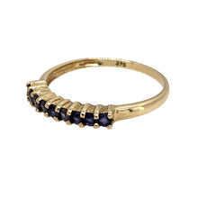 Load image into Gallery viewer, Preowned 9ct Yellow Gold &amp; Purple Stone Band Ring in size P with the weight 1.20 grams. The purple stones (possibly tanzanite) are each approximately 1.5mm diameter
