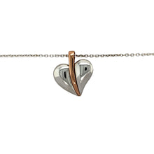 Load image into Gallery viewer, Preowned 925 Silver Clogau with 9ct Rose Gold Clogau Heart Leaf Pendant on an 18&quot; Clogau silver chain with the weight 5.60 grams. The pendant is 2.1cm long including the bail
